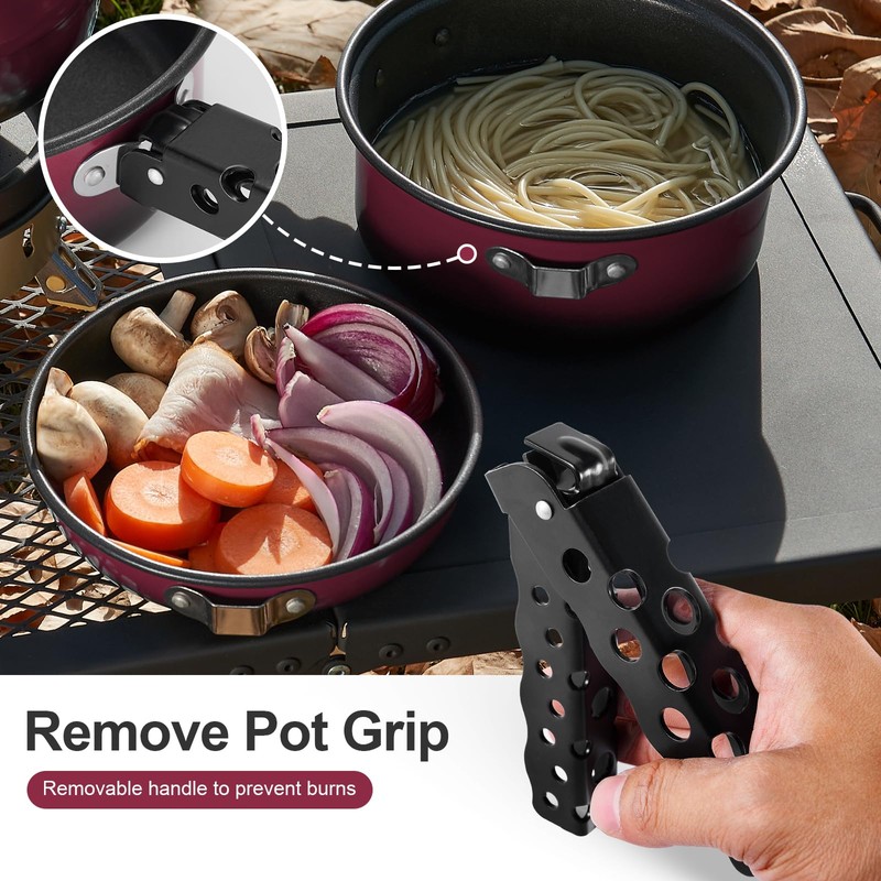 Odoland 5pcs Camping Cookware Mess Kit, Non-Stick Lightweight Pot Pan
