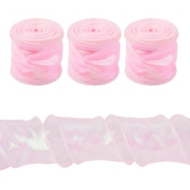 Beadthoven Iridescent Polyester Ribbon 60mm Glitter Sheer Chiffon Ribbon Shimmer Craft Decorative Ribbon for Gift Wrapping Bows Bouquet Decoration,Pearl Pink,3