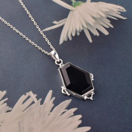 Natural Black Onyx Coffin Crystals Pendant Necklace, Coffin Cabochon Gemstone, Energy Healing Crystals, Birthday, Gift for Her, Gemstone Jewelry for Women 18 inch AAA+ Quality (Black Onyx B)