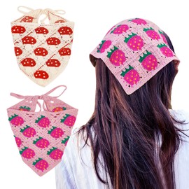 HFZRZFH 2-Piece Crochet Bandana Set, Handmade Knitted Hair Scarf with Cute Strawberry & Mushroom Pattern, Vintage Boho Headband, 70s Hippie Cottagecore Hair Accessories for Women Girls Festival Wear