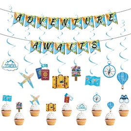Bon Voyage Party Decoration,World Map Adventure Awaits Banner Travel Themed Hanging Swirl Let The Adventure Begin Cupcake Toppers Photo Booth Props for Graduation Birthday Retirement Party Supply