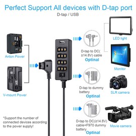 Fomito Dtap Splitter Cable with Power Switch D-tap for V-Mount V-Lock, Gold Mount Battery to 3P x 4 Female Port & USB for LCD Monitor, LED Video Light, BMPCC 4K 6K, ARRI RED Camera and Smartphone