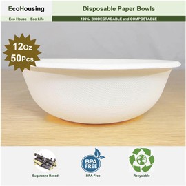 EcoHousing [12 Ounces(350), 50Pcs, White 100% Compostable Paper Disposable Bowls, Made of Bagasse Fibers, Eco-Friendly and Natural Biodegradable, Perfect for Salad, Soup, Dessert