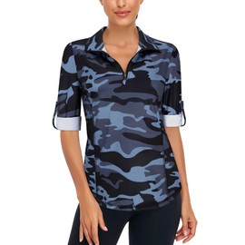 LURANEE Womens 3/4 Roll Sleeve 1/4 Zip Pullover Golf Shirts Athletic Hiking Running Workout Tops UPF 50+ Camo Black