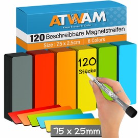 ATWAM 120 Magnetic Strips Writeable – 75 x 25 mm – 6 Colours – Scrum & Kanban – Writeable Magnets – For Whiteboard, Magnetic Board, Magnetic Wall & Fridge