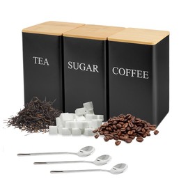 DIBALIYI 3 Pcs Tea Coffee Sugar Canisters, Black Metal Canister Storage Jar Container Set, Food Storage With 3 Spoons, Rust Resistant Powder Coated Iron Caddies for Kitchen Worktop Organizer (Black)