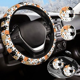 Cat Steering Wheel Cover for Women Men with 2 Pcs Car Coasters, Universal 14.5-15 Inch Cute Steering Wheel Covers Non-Slip Car Accessories for Girls