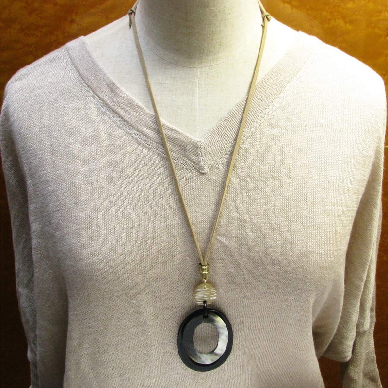 Fragrant Day Necklace, Natural Material, Buffalo Horn, Oval Leather, KN48023,