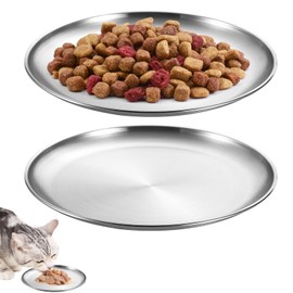 HENGBIRD Pack of 2 Flat Stainless Steel Cat Bowls, 14 cm Cat Feeding Bowl for Cats with Wide Whiskers, Cat Plate, Feeding Bowl, Flat Cat Bowls, Drop-Proof for Small Dogs, Cats