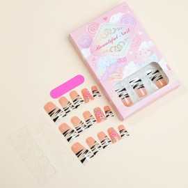 24 Pcs Long Press on Duck Nails Cute Acrylic Fake Nails Natural & Fit False Nails with Romantic Lips Stripes Designs Long Duck Nail Tips Rhinestones Glue on Nails Full Cover Stick on Nails for Women