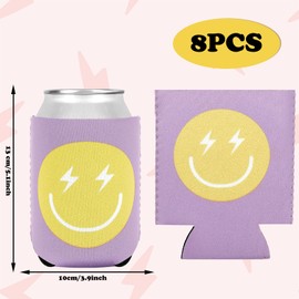 Whaline 8Pcs Pastel Smile Face Beer Can Sleeve 12oz Preppy Happy Face Can Cooler Cover Neoprene Insulated Thermocooler for Wedding Birthday Bachelor Drink Bottle Party Decor