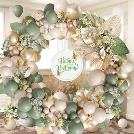 Sage Green Gold Balloons Garland Arch Kit,132 pcs Sage Green Sand White Metallic Gold Matte White Latex Balloons with Butterfly Stickers for Baby Shower Bridal Shower Wedding Safari Party Decorations