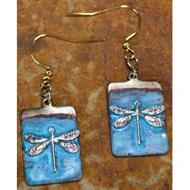 Elaine Coyne Wearable Art Verdigris Patina Solid Brass Dragonfly on Rectangle Dangle Earrings
