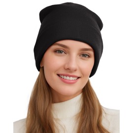 Womens Satin Lined Beanie Wool Knit Cuffed Warm Winter Hats for Women Men Soft Slouchy Silk Lining Beanies Skull Cap Black