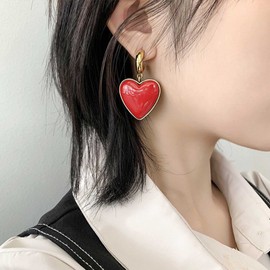 Yienate Large Heart Drop Dangle Earrings Vintage Red Earrings Post Gold Big Love Heart Drop Earrings Weddings Bridal Heart Dangle Earrings Statement Red Prom Earrings Jewelry for Women and Girls
