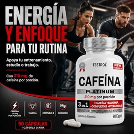 Cafeína Platinum 210mg | Fórmula con Taurina, Magnesio y Complejo B | Preentreno | Energía y Enfoque | Cafeina capsulas Testrol | 90 Cápsulas