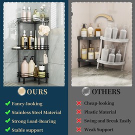 Consumest Corner Shower Caddy Standing - 3-Tier Stainless Steel Shower Organizer with Soap Holder and 4 Hooks, Large Capacity Corner Shelf Stand for Bathroom, Rest Room, White