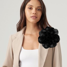 Dainty Satin Fabric Large Big Flower Brooches Pins 7.5in Silk Camellia Flower Brooches Lapel Pins for Women as Wedding Party Clothes Accessories Jewelry Gifts (Black)