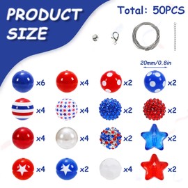 Whaline Juego de 50 abalorio patrióticas de 20 mm, 16 estilos redondos de estrellas, juego de abalorio espaciadoras rojas y azules y blancas, abalorio gruesas, abalorio de plástico jumbo para el 4 de julio, bricolaje, joyería, suministros de manualidades
