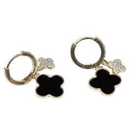 [KIKIMOLO] Women's Earrings, Popular, Hypoallergenic, Women's, Accessories, Birthday Gift, Anniversary, Silver 925 (Four Leaf Flower Earrings - Black), Cubic Zirconia