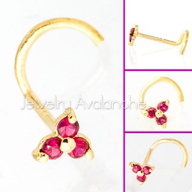 Jewelry Avalanche - Anillo de nariz de rubí de oro macizo de 14 quilates de 3 piedras de 0,030 quilates - Hueso de nariz, forma de L, tornillo de nariz, piedra natal de julio, Metal, rubí