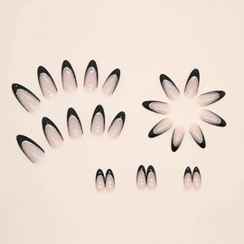 RikView Almond Press Long Acrylic Nails - French Tips, Black, Glossy Full Cover Nails (24 PCs/Set)