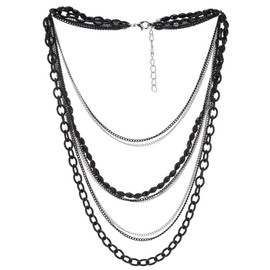COOLSTEELANDBEYOND Choker Collar Statement Necklace Waterfall Multi-Strand Silver Black Chains Gem Stone Bead String