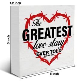Farmhouse Religious the Great Love Story Wooden Sign Valentine's Day Decorations for Home Shelf Bible Verse Decor