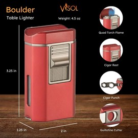 Visol Boulder Butane Torch Quad Flame Refillable Gas Lighter, Built in Cutter, Two Built in Punches, Built in Rest, Windproof Adjustable Flame Lighter (Shipped Without Butane) (Red)