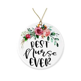 JenaGifts Best Nurse Ever Ornament Gift - for Nurse Coworker Idea for Nurse Gift Ceramic Holiday Decoration Present Porcelain 3 Flat with Gold Ribbon Both Sides, White