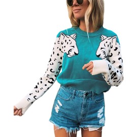 Mansy Women's Casual Long Sleeve Crew Neck Cute Animal Leopard Print Knitted Pullover Sweater Tops Blue
