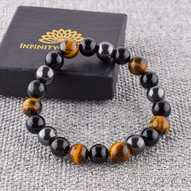 Triple Protection Bracelet - For Protection - Bring Luck And Prosperity, Unisex Stretchable Elastic Bracelet - Natural Gemstone Men-Women, Healing, Chakra, Yoga Balancing, Reiki (Hematite+Obsidian+Tiger Eye)