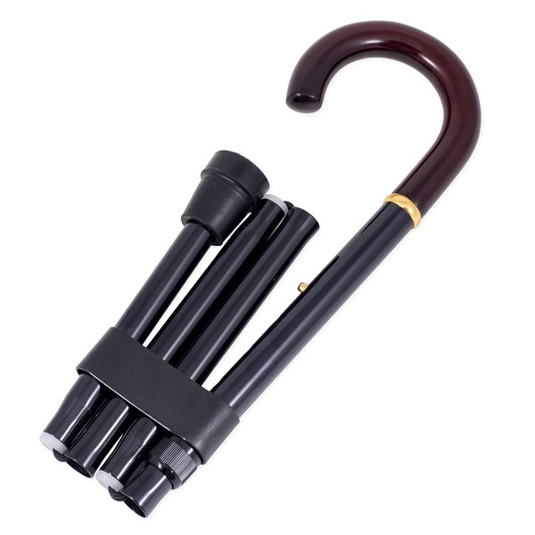 Unisex Black Aluminum Folding Adjustable Walking Cane with Brown Wood Crook Handle