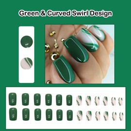ANDGING Green Press on Nails Square Short White Fake Nails with Curved Swirl Design Gel Glue on Nails for Women Girls Acrylic False Nails with Glue Stick on Nails for Wedding Birthday 24Pcs HJR998