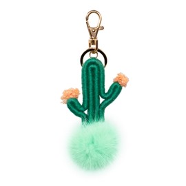 surell Cactus Keychain with Green Mink Fur Pom - Cute Luxury Bag Charm for Girls - Western Desert Key Chain - Fluffy Pompom Accessory
