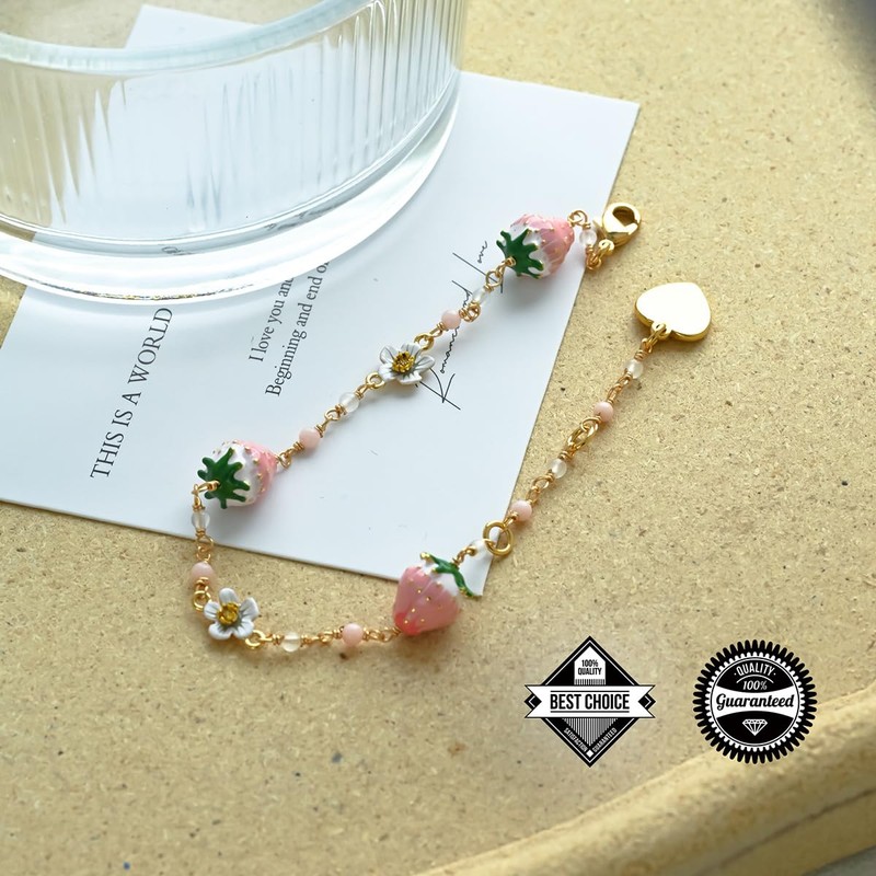 Strawberry Charm Bracelet Gold Enamel Dainty Fruit Women Jewelry