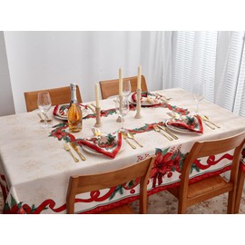 Poinsettia Ribbon Engineered Printed Fabric Christmas Tablecloth - Wrinkle Free Table Cloth for Xmas Winter Holiday, 60 x 84 Inch Rectangle