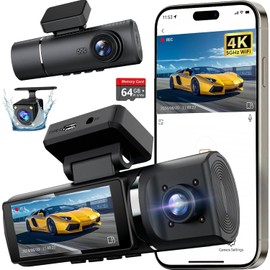 3 Channel 4K Dash Cam Front and Rear Inside, Built-in 5G WiFi, 4K+1080P+1080P Dash Camera for Cars with 64GB Card, Dashcam with Loop Recording,24H Parking Monitor,Night Vision,Support 512GB Max Silver