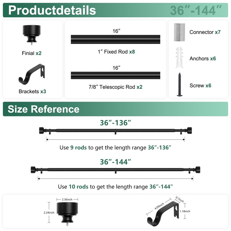 Black Curtain Rods for Windows 72 to 144 Inch(6-12ft), 1