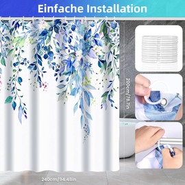 PHANPINT Shower Curtain with Hooks, 200 x 240 cm Shower Curtains, Textile, Anti-Mould, Waterproof, Washable Shower Curtains (Blue Plant)