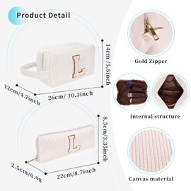 Cosmetic Bag Small and Large for Women's Handbag, Cord Make Up Bag, Small Makeup Bag, Toiletry Bag, Makeup Bag, Cosmetic Bag, Cosmetic Bag, Mini Large, Travel Fabric Bag, White, Letter:L