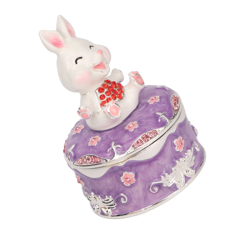 Rabbit Figurine Trinket Boxes Hand Painted Rhinestones Small Jewelry Box