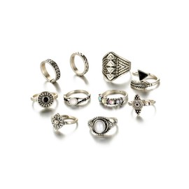 SEWACC 10pcs Set Silver Band Rings for Women Moonstone Ring Stone Rings Women Silver Ring Woman Miss