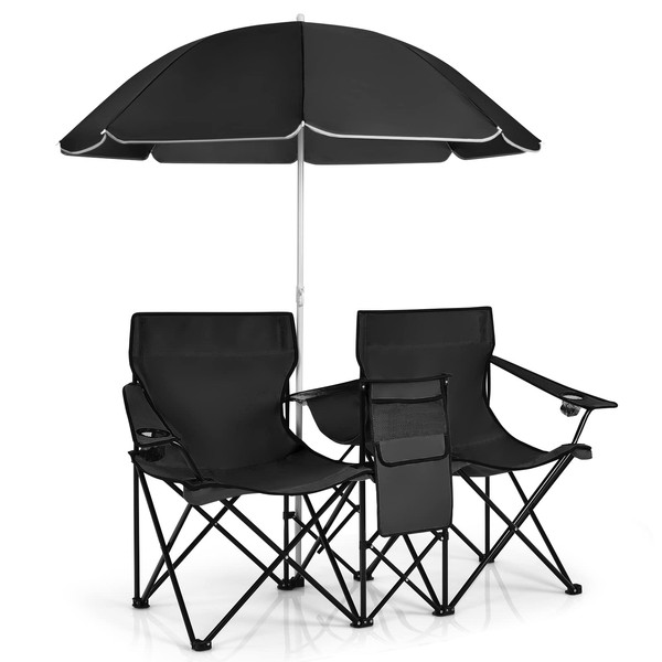 MAT EXPERT Folding Double Camp Chair w/Removable Umbrella, Portable Picnic