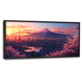 Olivine Japanese Large Wall Art, Pink Cherry Pictures Wall Decor, Mountain Painting, Japan Cityscape Canvas Prints, Framed Artwork for Dining Room Living Room Bedroom Bathroom Office Home 60"x30"