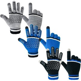 Migliore Wear 3 Pairs of Children's Magic Gloves with 2 Touchscreen Fingers, Winter Children's Gloves, Warm Knitted Gloves, Full Finger Magic Gloves for Boys and Girls, Anti-slip black & blue & grey