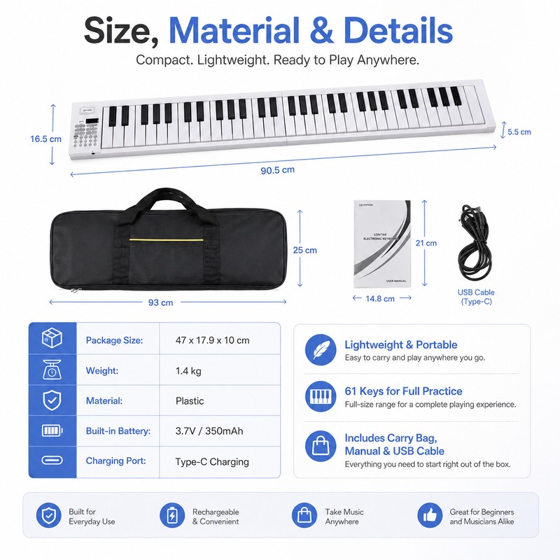 61-Key Foldable Piano Keyboard for Beginners – Portable Electronic Keyboard