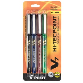 Pilot, Hi-tecpoint V7, Capped Liquid Ink Rolling Ball Pens, Fine Point 0.7 mm, 4-Pack, Assorted Colours