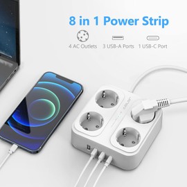 JSVER Steckdosenleiste 4 Fach mit 4 USB Ladeanschlüsse, Mehrfachsteckdose mit USB C, Wandmontage(3680W 16A) Steckerleiste Überspannungsschutz mit 1,8M Kabel für Smartphones, Laptop -Weiß