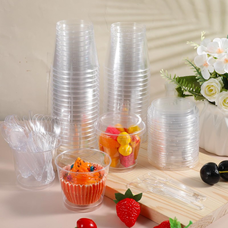 50 Pack 6 oz Plastic Dessert Cups with Lids and
